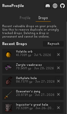 The Drops tab listing recent valuable drops